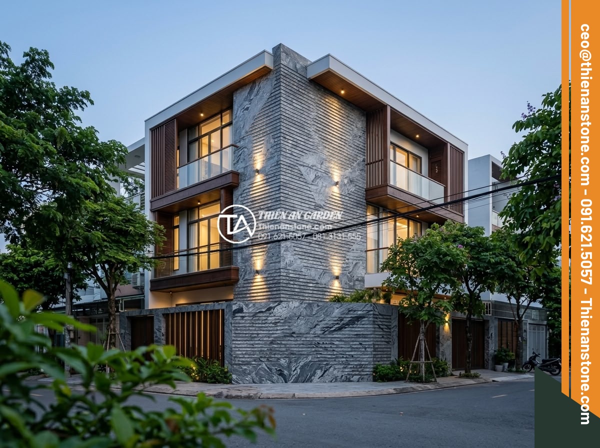 Đá Răng Lược - Hình 21 Đá Răng Lược - Modern Vietnamese townhouse facade with comb stone cladding on feature wall, com