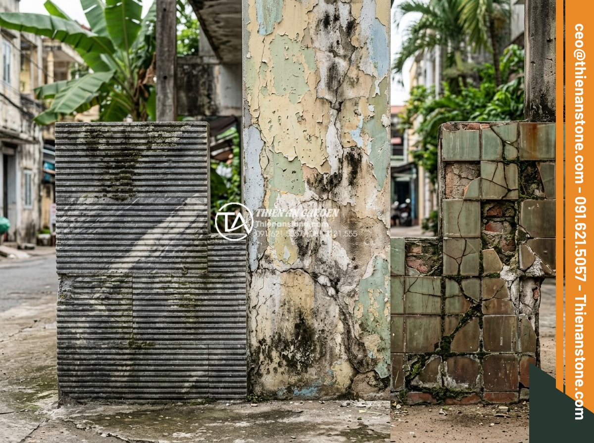 Đá Răng Lược - Hình 28 Đá Răng Lược - Long-term durability comparison showing aged comb stone wall still looking beaut