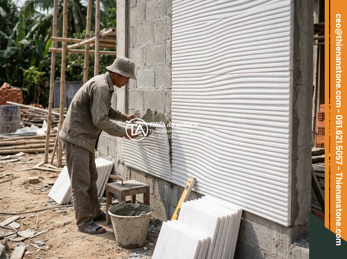 Đá Răng Lược - Hình 29 Đá Răng Lược - Professional stone mason installing comb pattern natural stone on wall, mortar a