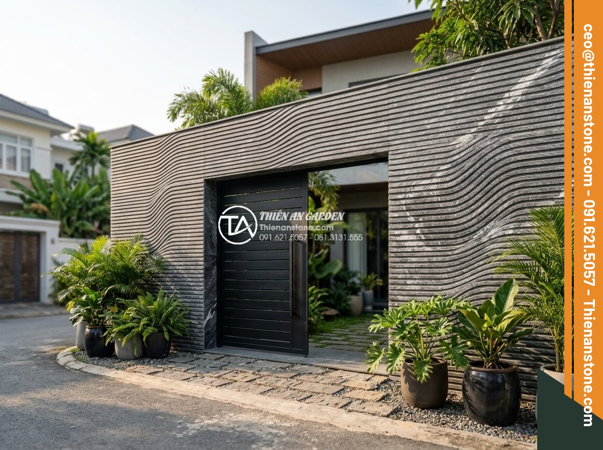 Đá Răng Lược - Hình 3 Đá Răng Lược - Wide angle architectural photograph of a modern Vietnamese house entrance with c