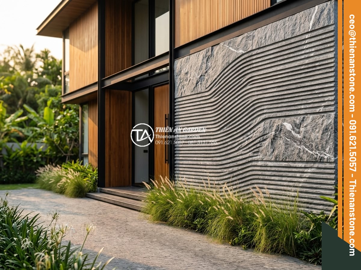 Đá Răng Lược - Hình 32 Đá Răng Lược - Comb stone wall combined with timber cladding and black steel frame on modern vi