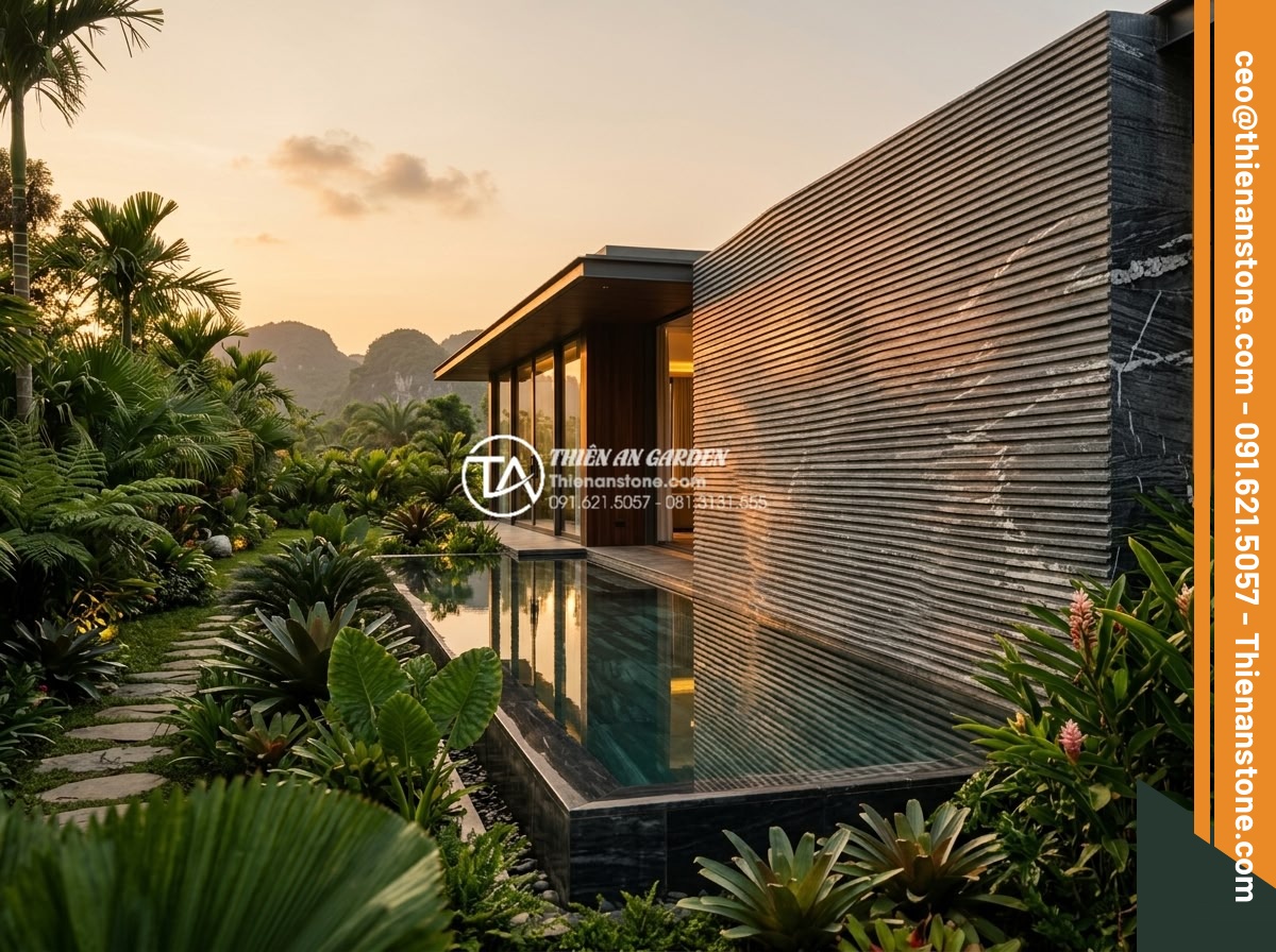 Đá Răng Lược - Hình 42 Đá Răng Lược - Final beauty shot of completed luxury villa with comb stone wall cladding, perfe