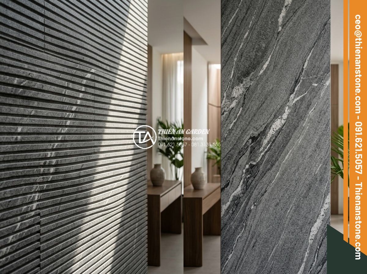 Đá Răng Lược - Hình 6 Đá Răng Lược - Comparison photography showing comb stone wall cladding versus flat stone wall c