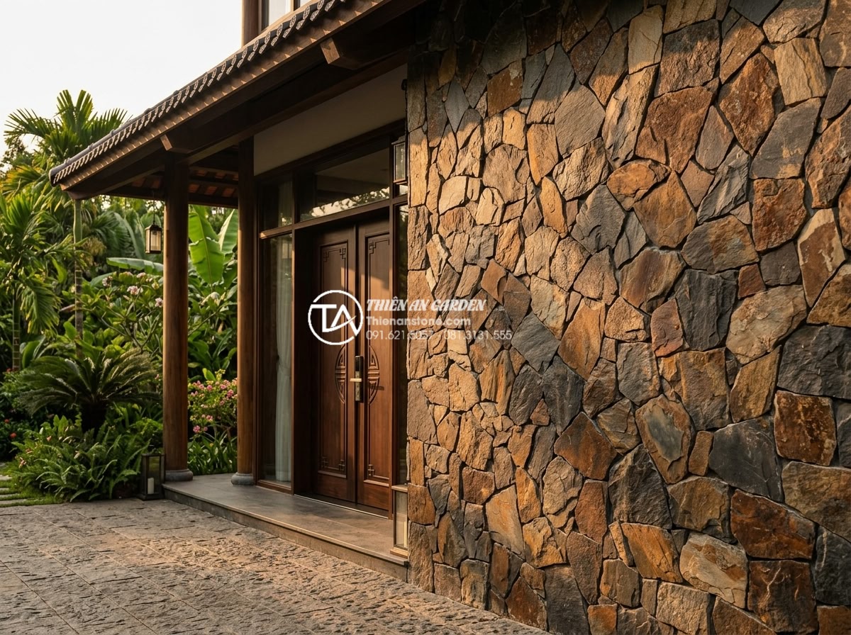 Đá Rối - Hình 1 Đá Rối - Natural random stone wall cladding with irregular shaped stones in earthy tones,