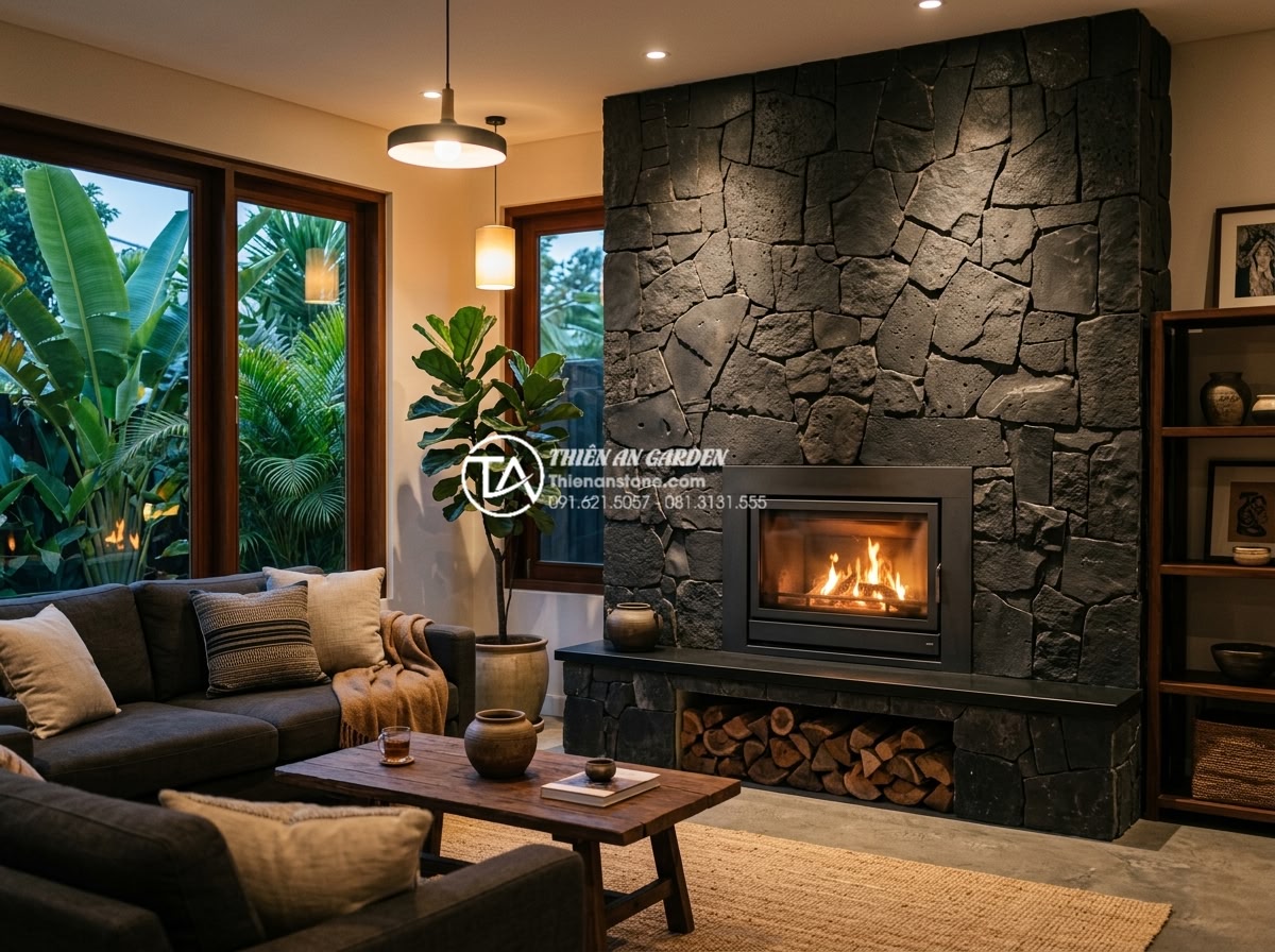 Đá Rối - Hình 14 Đá Rối - Thin veneer random stone wall cladding in modern living room interior, ambient w