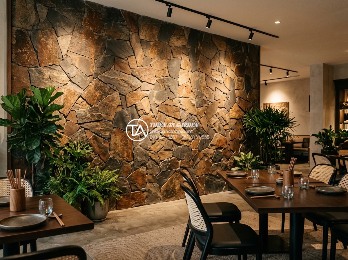 Đá Rối - Hình 17 Đá Rối - Natural random stone feature wall in restaurant interior, warm ambient lighting