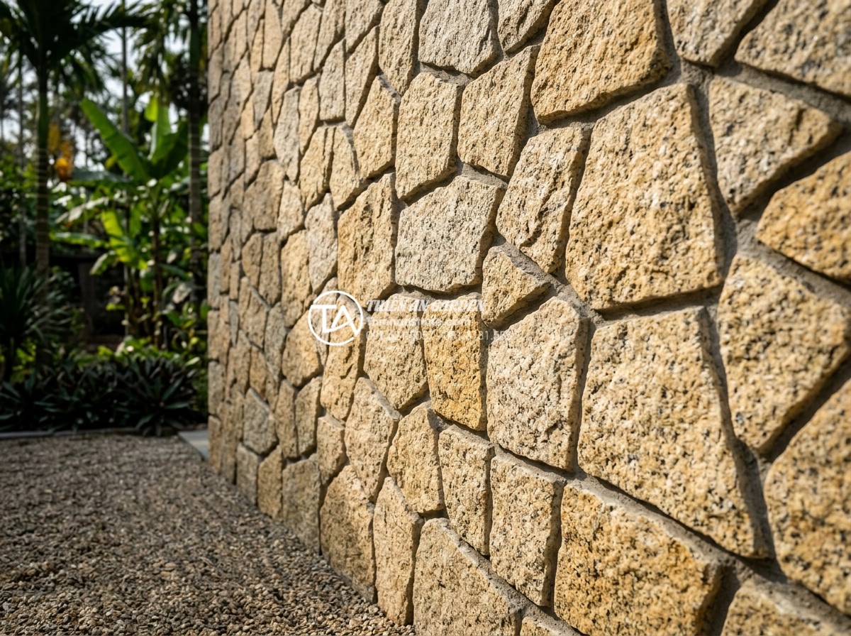 Đá Rối - Hình 23 Đá Rối - Finished random stone wall with deep-set mortar joints showing three-dimensional