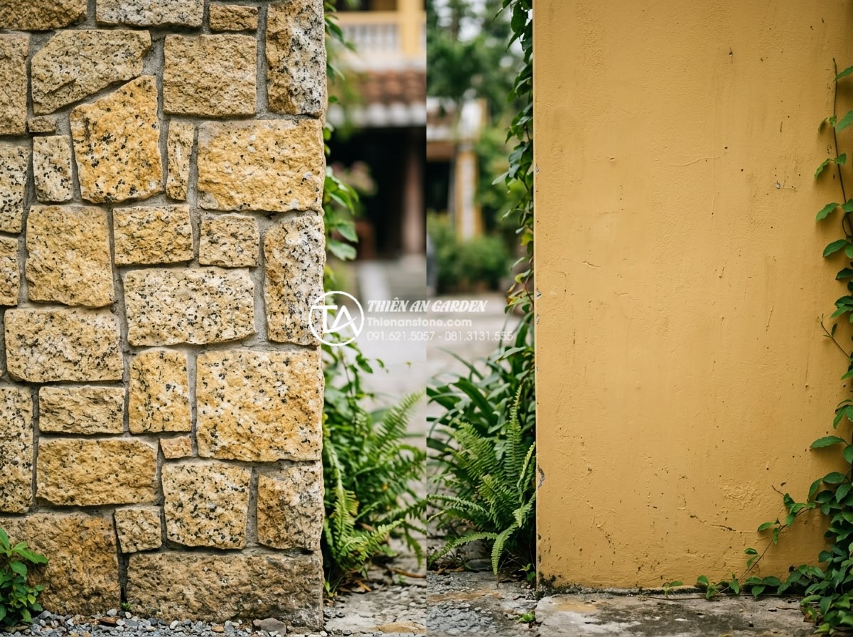 Đá Rối - Hình 27 Đá Rối - Side by side comparison of natural random stone wall versus painted concrete wal
