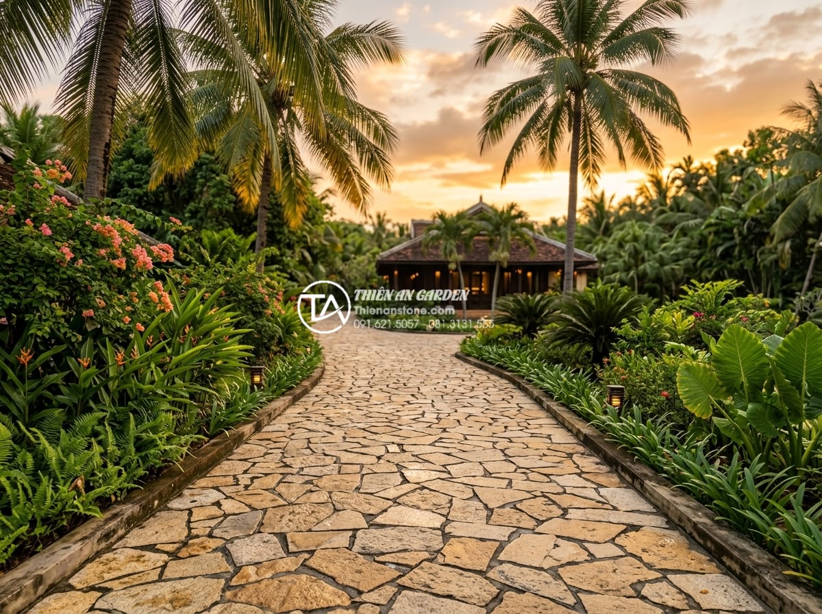 Đá Rối - Hình 35 Đá Rối - Luxury resort entrance pathway paved with random natural stone, palm trees and t