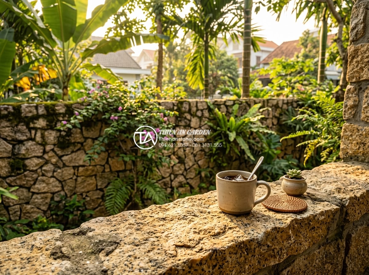 Đá Rối - Hình 39 Đá Rối - Morning scene in garden with random stone wall, coffee cup on stone ledge, morni