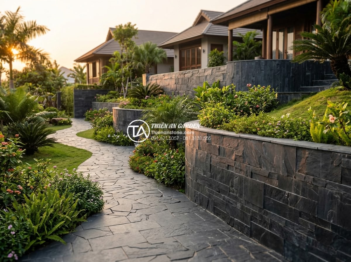 Đá Rối - Hình 40 Đá Rối - Beautiful completed random natural stone project at luxury Vietnamese villa, ful
