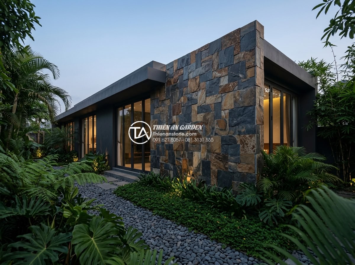 Đá Rối - Hình 9 Đá Rối - Blue-grey random natural stone wall cladding on modern minimalist villa, clean l