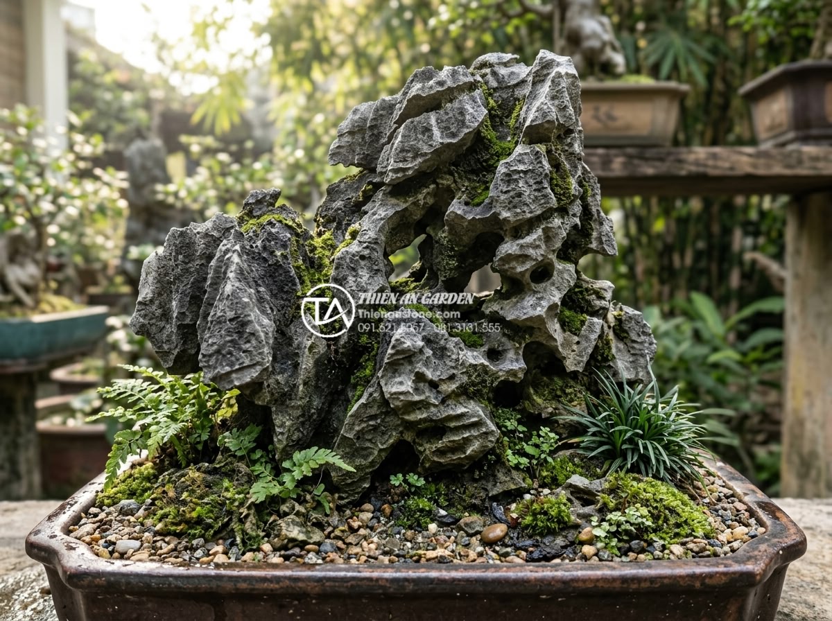 Đá Tai Mèo Làm Bonsai - Ultra realistic close-up of natural cat ear stone tai meo for bonsai arrangement