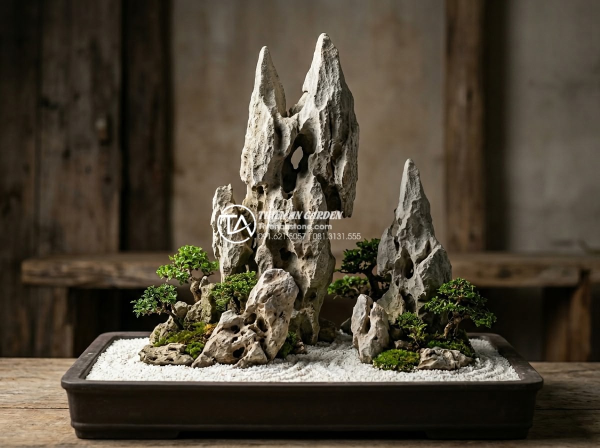 Đá Tai Mèo Làm Bonsai - Tall vertical cat ear stone arrangement in a rectangular bonsai tray, main mount