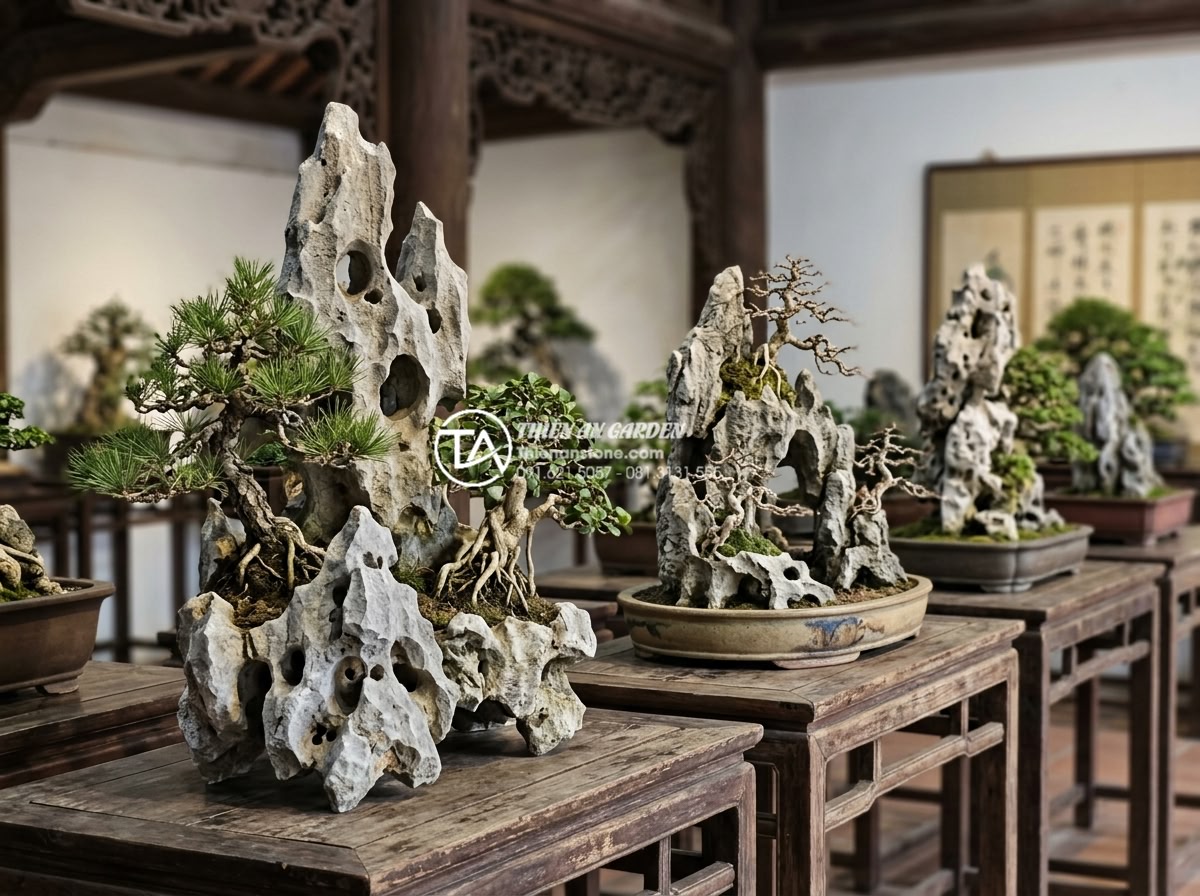 Đá Tai Mèo Làm Bonsai - Exhibition display of premium bonsai compositions using cat ear stones, multiple