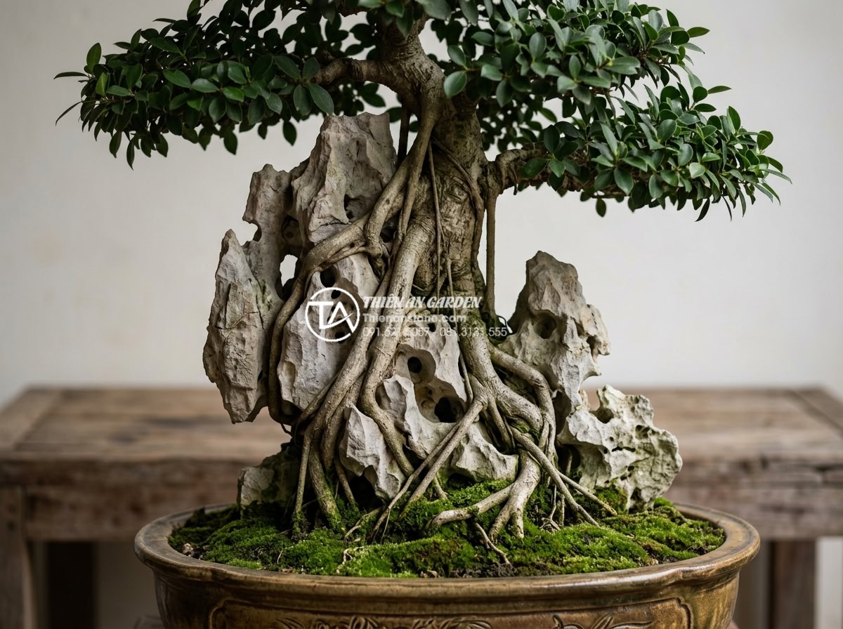 Đá Tai Mèo Làm Bonsai - Vietnamese ficus bonsai tree growing on cat ear stone, thick aerial roots wrappi