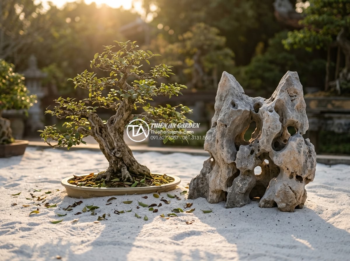 Đá Tai Mèo Làm Bonsai - Atmospheric bonsai scene with cat ear stone at golden hour, long shadows casting