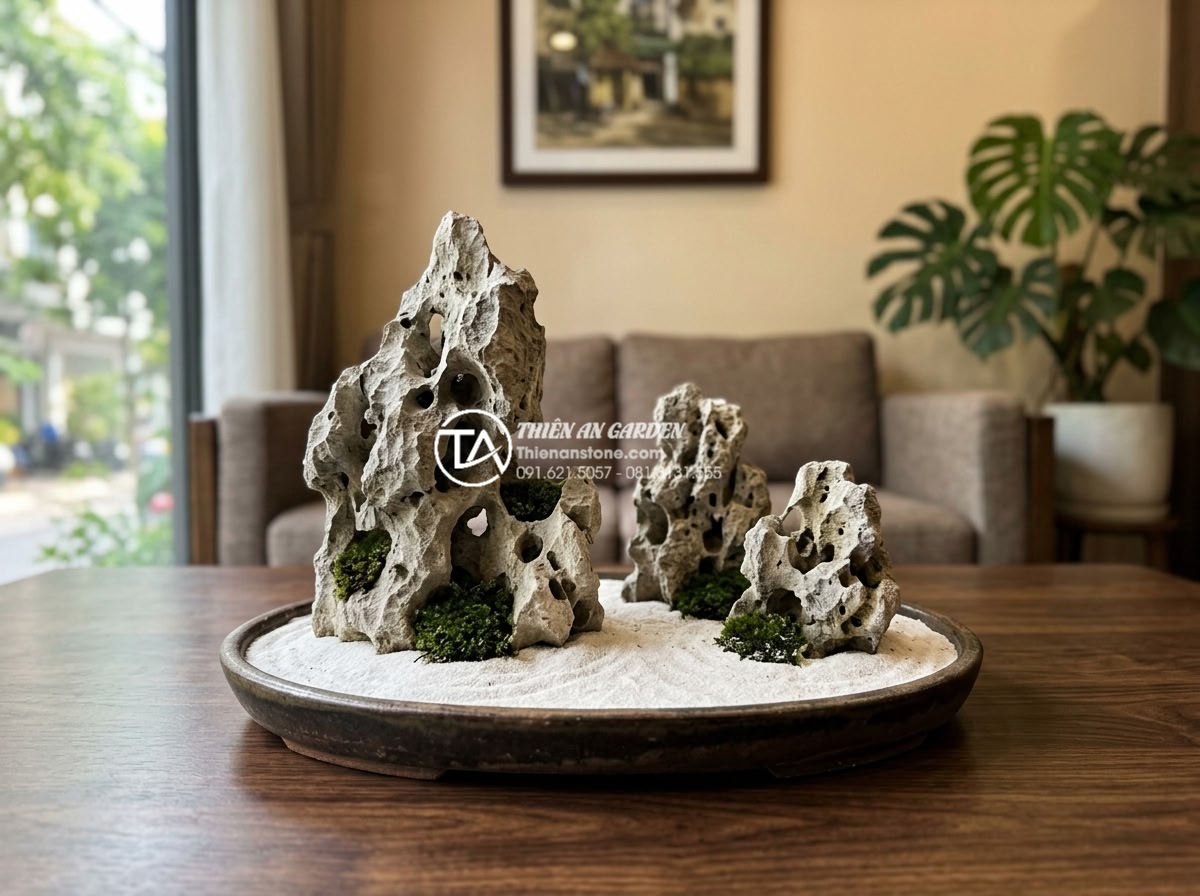 Đá Tai Mèo Làm Bonsai - Miniature desktop non bo landscape using cat ear stones, placed on dark wooden c