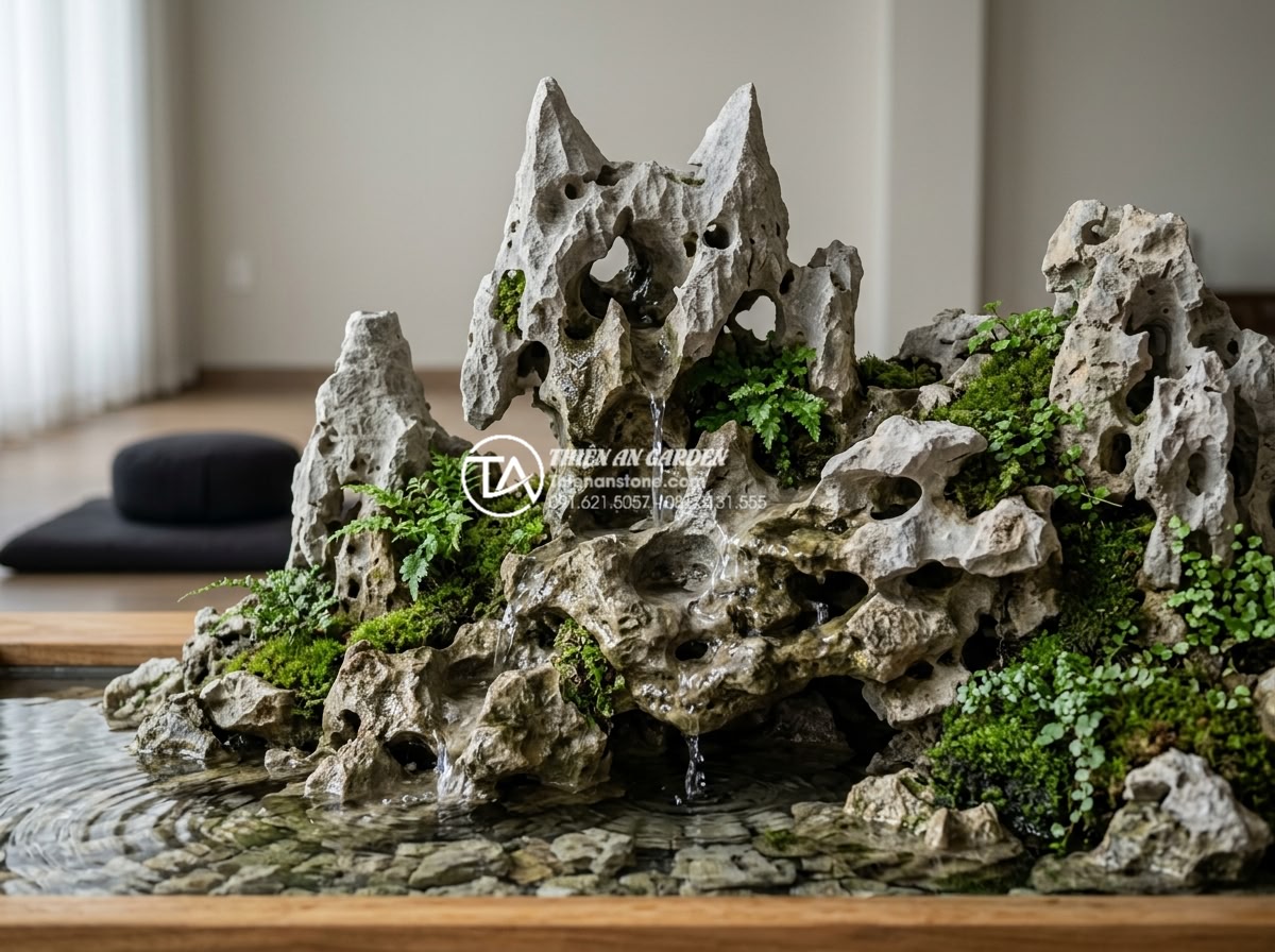 Đá Tai Mèo Làm Bonsai - Water feature miniature landscape with cat ear stone, water cascading down stone
