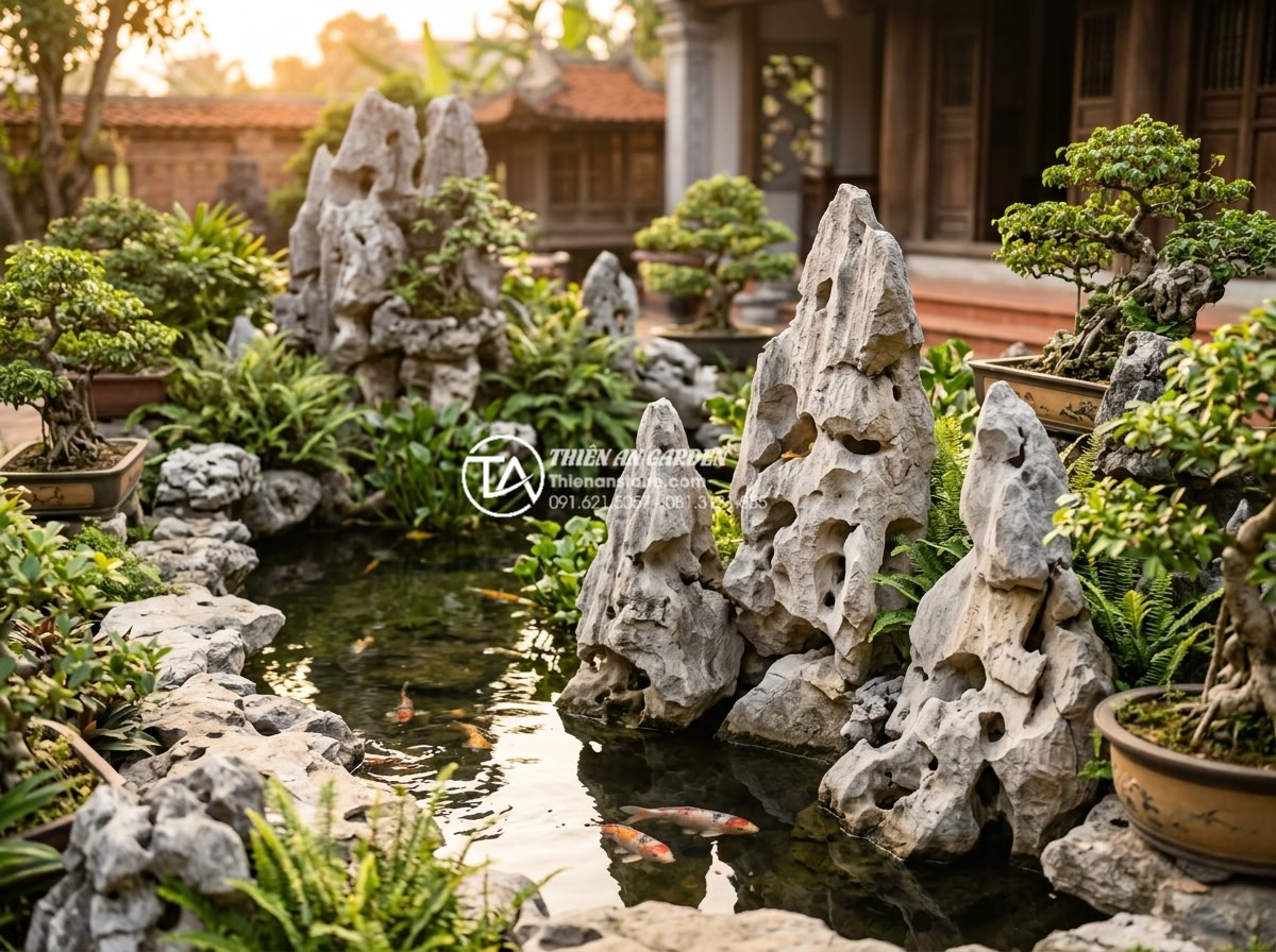 Đá Tai Mèo Làm Bonsai - Cat ear stones placed beside a small koi pond in Vietnamese garden setting, ston