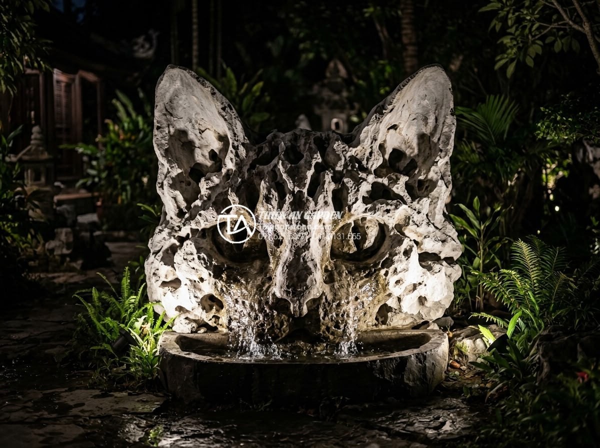 Đá Tai Mèo Làm Bonsai - Night scene of cat ear stone water feature with LED uplighting, dramatic shadows