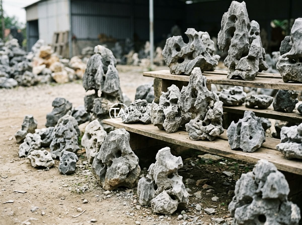 Đá Tai Mèo Làm Bonsai - Bonsai stone selection scene at natural stone yard, various cat ear stones displ