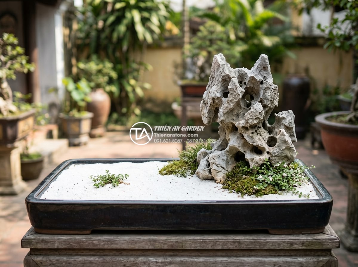 Đá Tai Mèo Làm Bonsai - Perfect proportion demonstration of cat ear stone in bonsai tray, stone occupyin