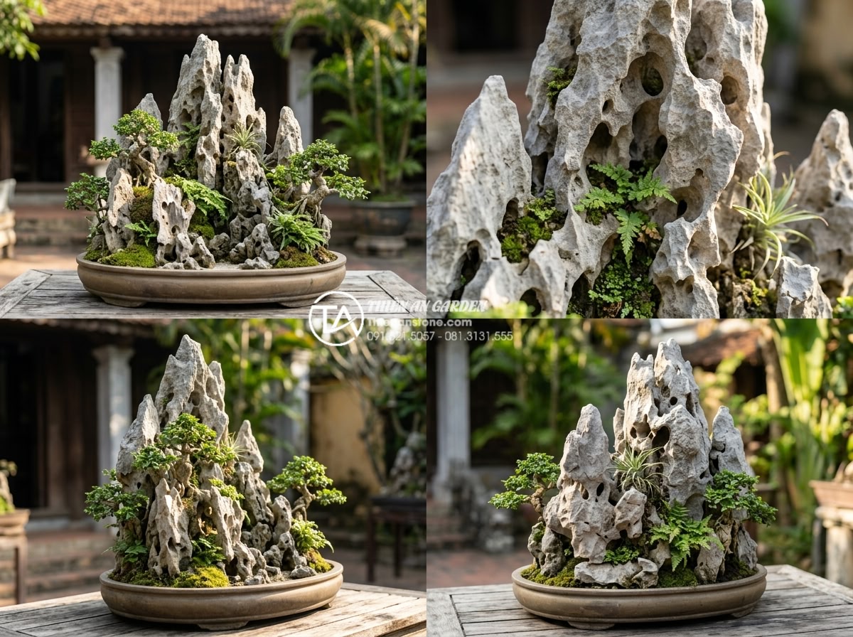 Đá Tai Mèo Làm Bonsai - Multiple angle views of a single cat ear stone bonsai arrangement, showing diffe