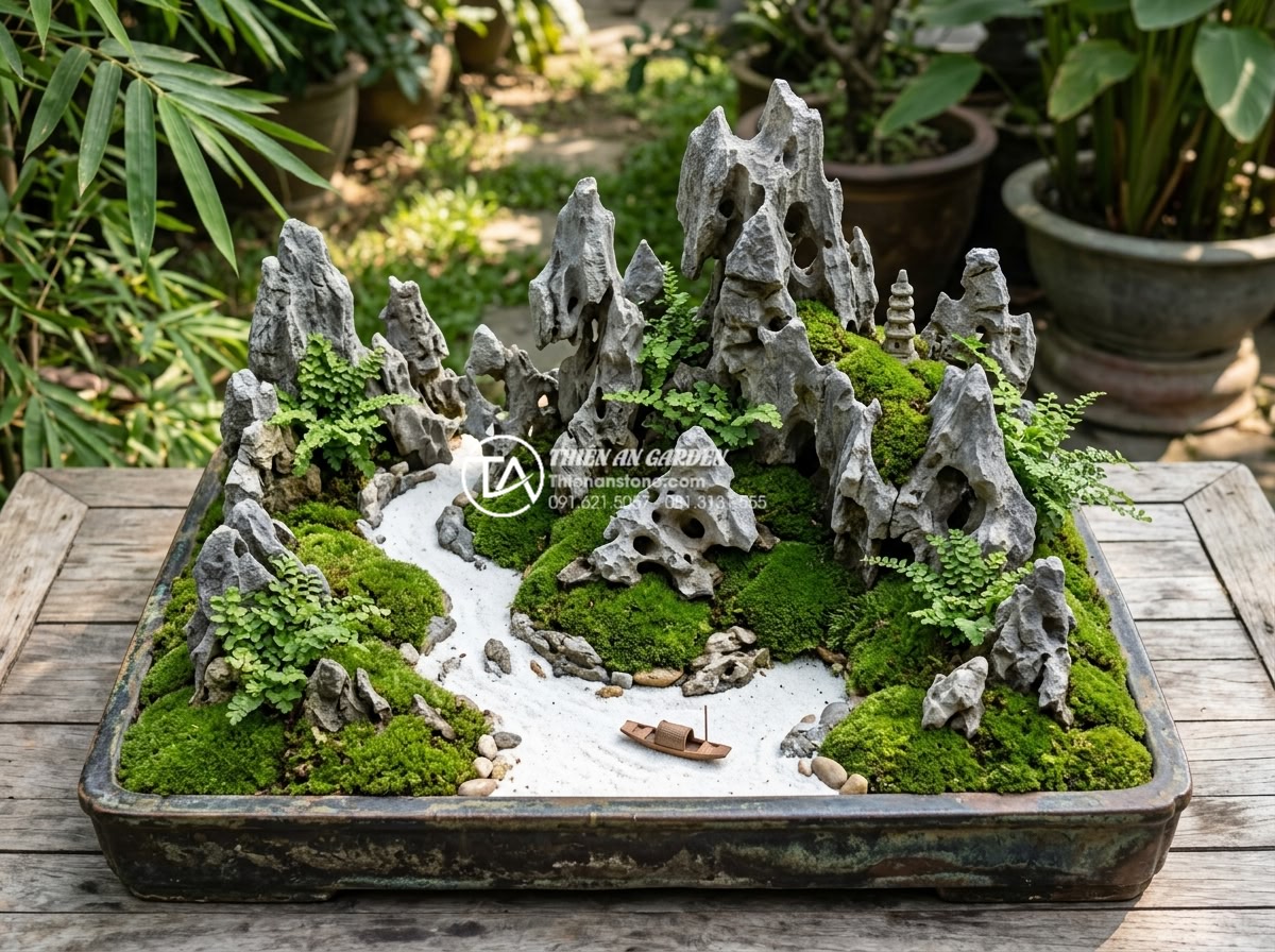 Đá Tai Mèo Làm Bonsai - Overhead view of a bonsai tray arrangement featuring multiple cat ear stones cre