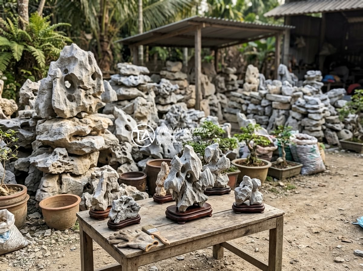 Đá Tai Mèo Làm Bonsai - Customer selecting cat ear stones at outdoor stone yard, examining different pie