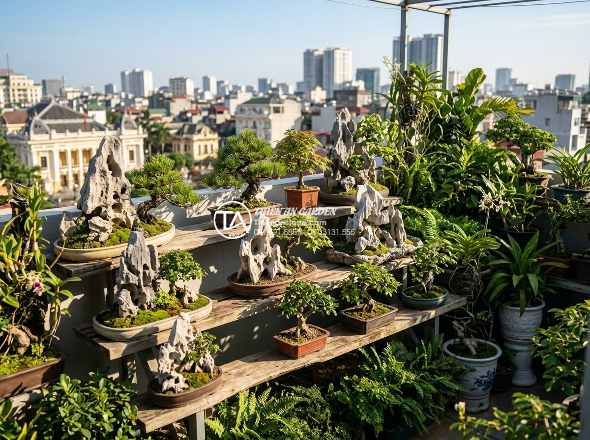 Đá Tai Mèo Làm Bonsai - Rooftop bonsai garden with multiple cat ear stone arrangements on stepped wooden