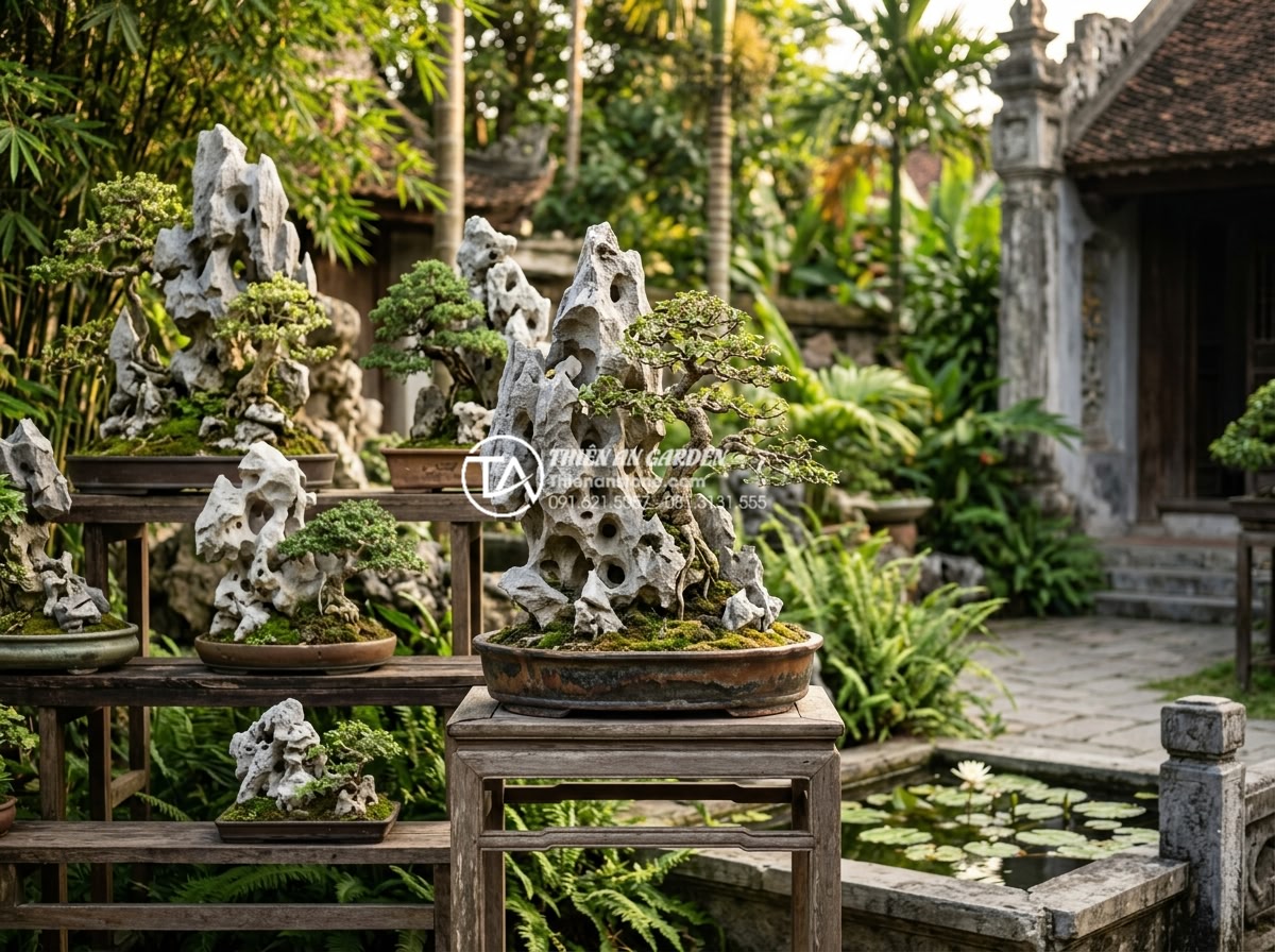Đá Tai Mèo Làm Bonsai - Beautifully arranged cat ear stone bonsai collection in a serene Vietnamese gard