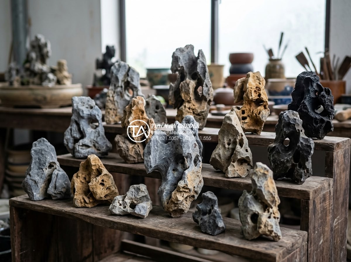 Đá Tai Mèo Làm Bonsai - Collection of different colored cat ear stones displayed for bonsai use, varying