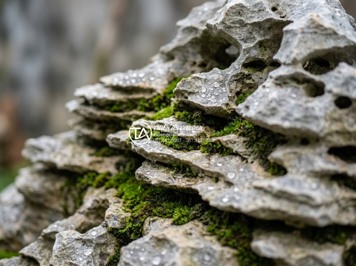Đá Tai Mèo Làm Bonsai - Detailed macro photography of cat ear stone layered structure, showing natural t