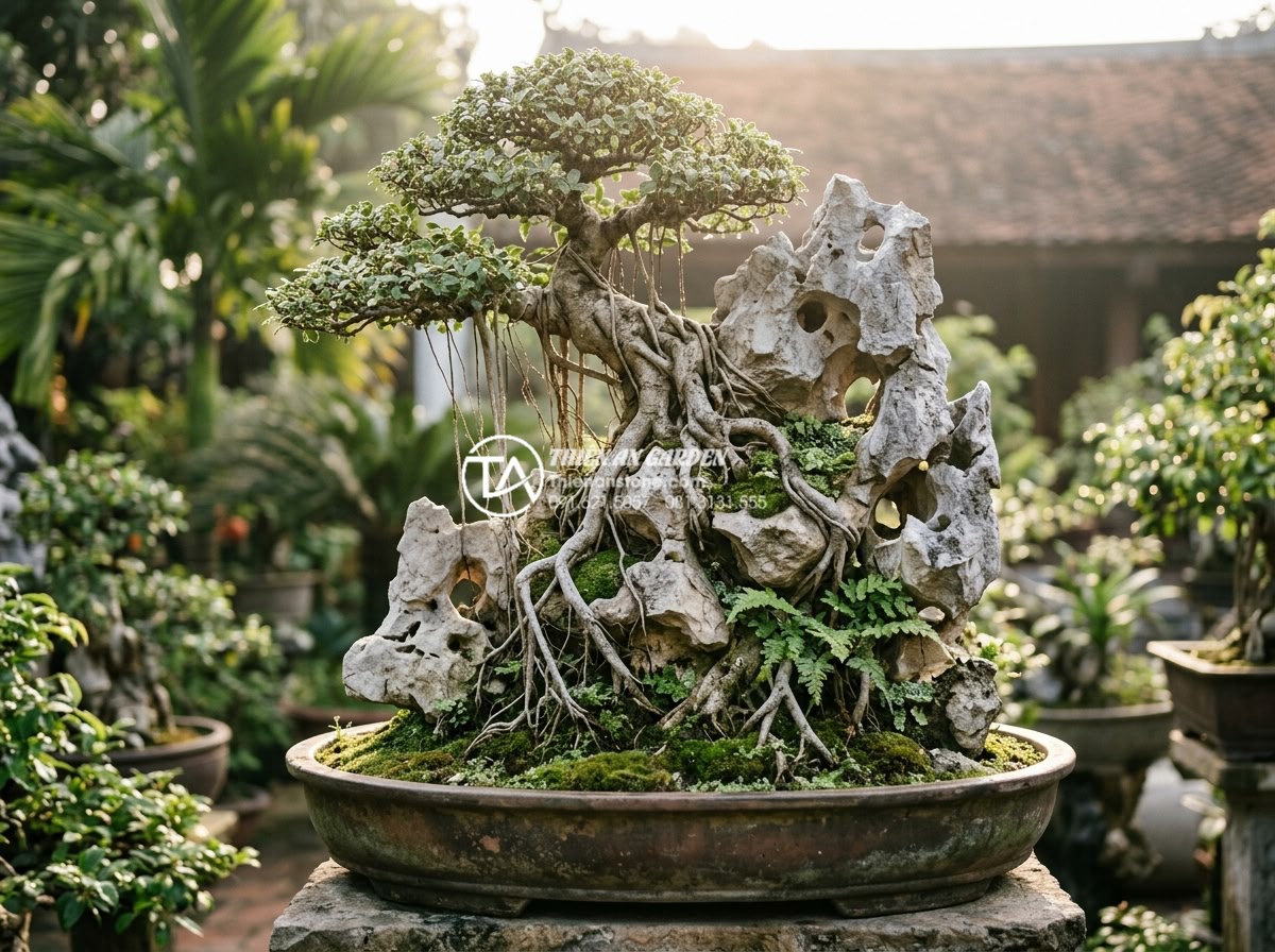 Đá Tai Mèo Làm Bonsai - Bonsai tree with roots wrapping around cat ear stone in traditional root-over-ro