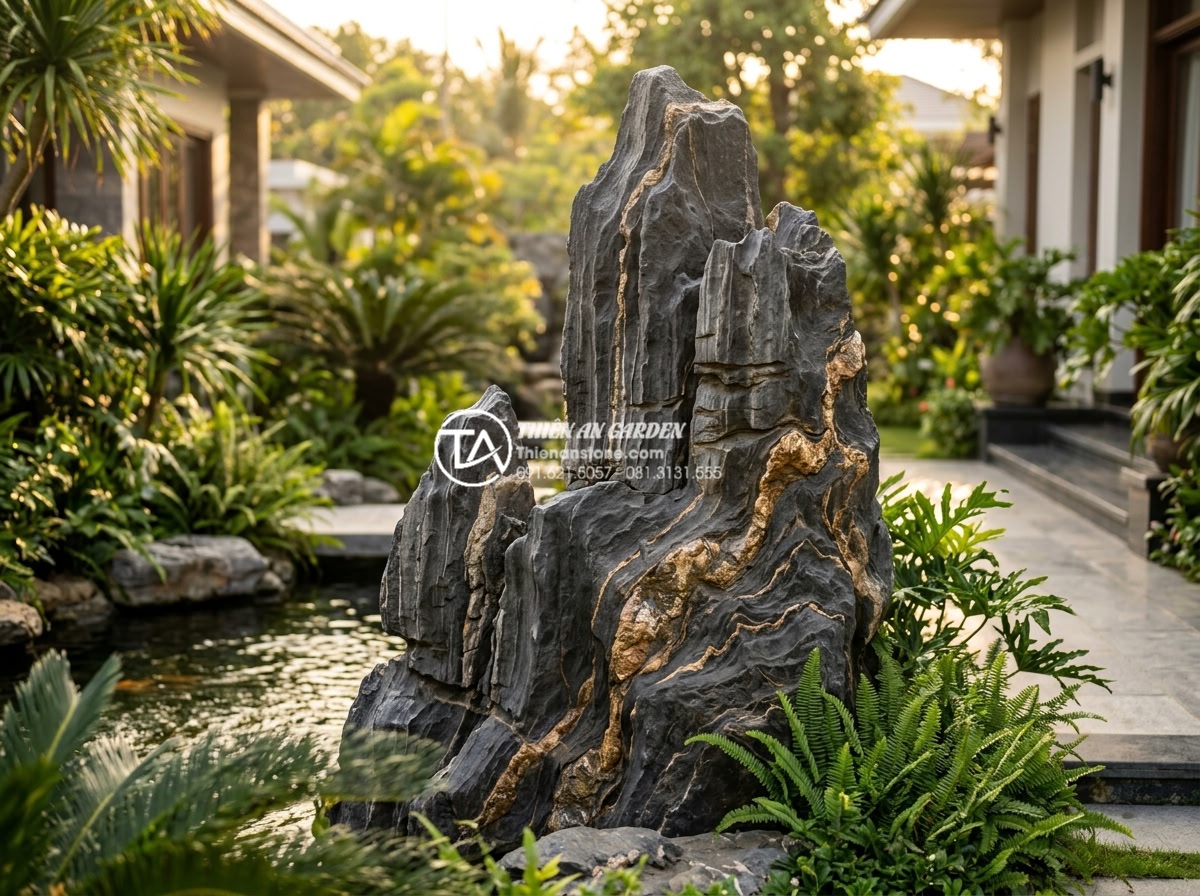 Đá Trầm Tích - A majestic sedimentary rock with visible layered strata in warm earth tones plac
