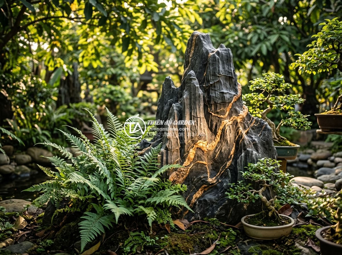 Đá Trầm Tích - Sedimentary rock with warm brown and cream tones placed beside lush green ferns 