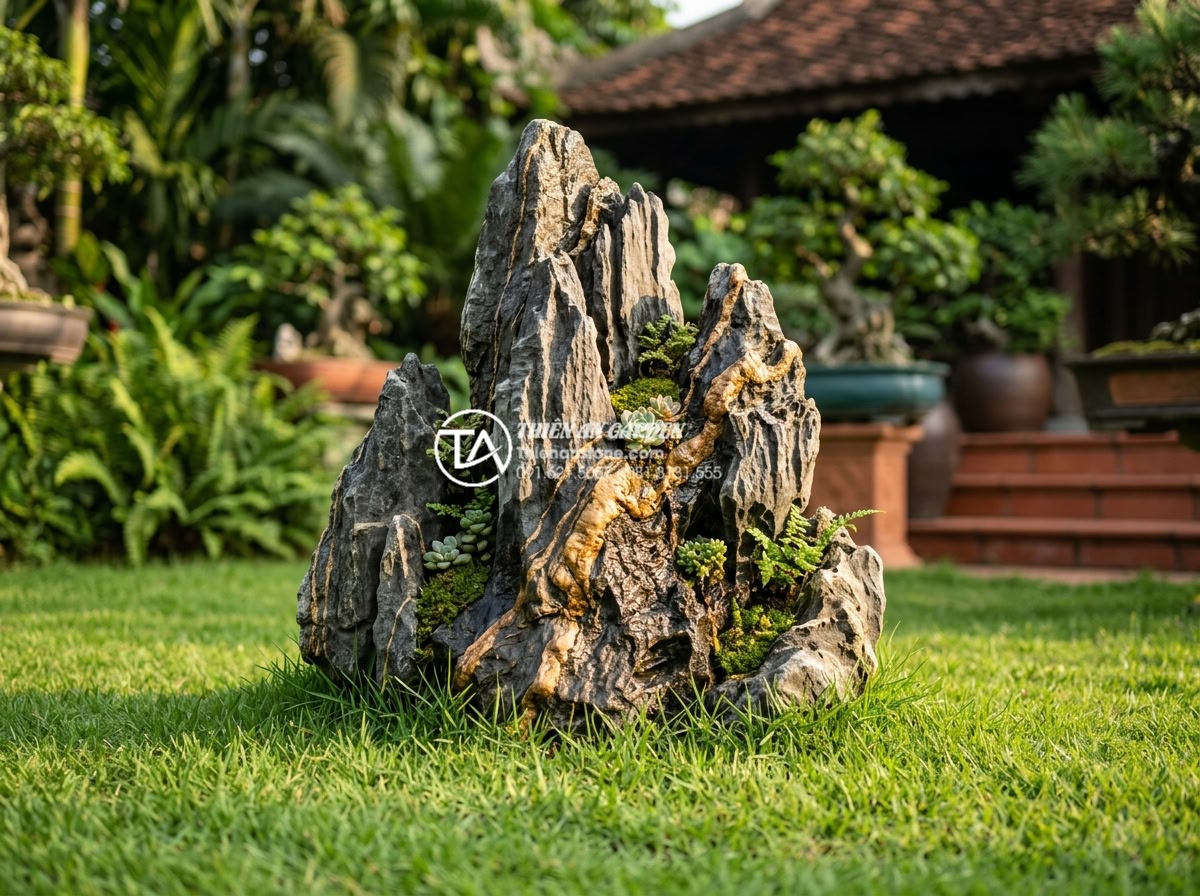 Đá Trầm Tích - Golden sandstone rock with visible grain texture and wind-carved hollows, small 
