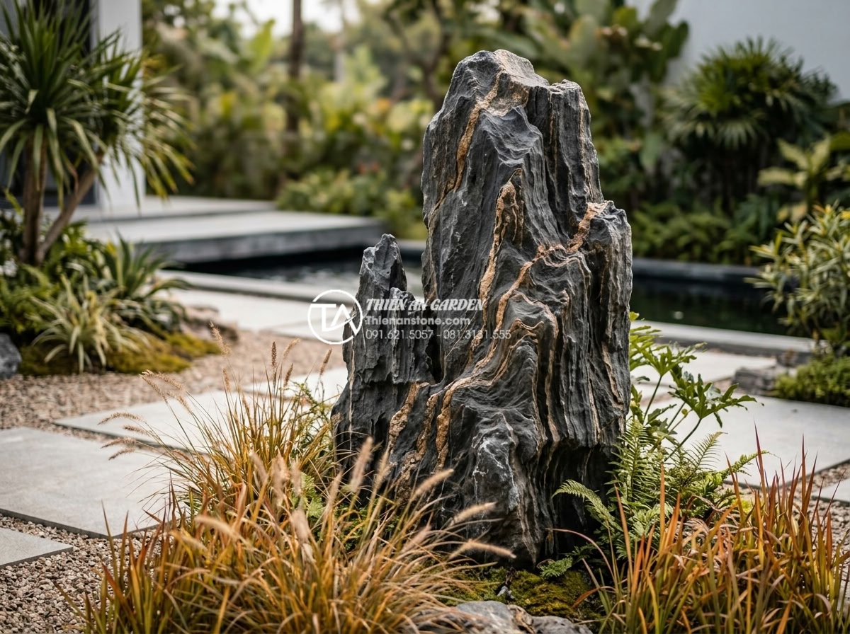 Đá Trầm Tích - Dark slate-gray shale sedimentary rock with fine thin layering standing vertical