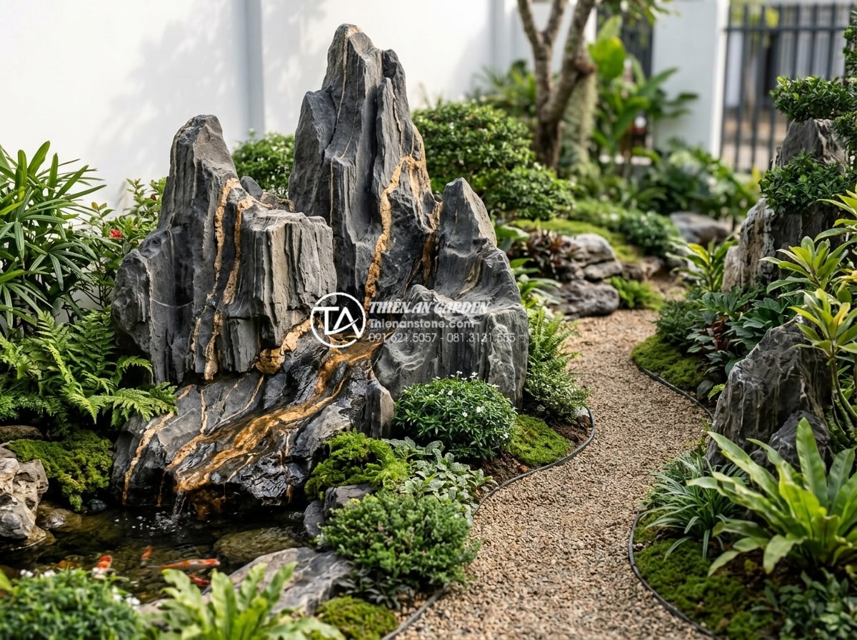 Đá Trầm Tích - Mixed sedimentary rock garden composition featuring sandstone, shale and limesto