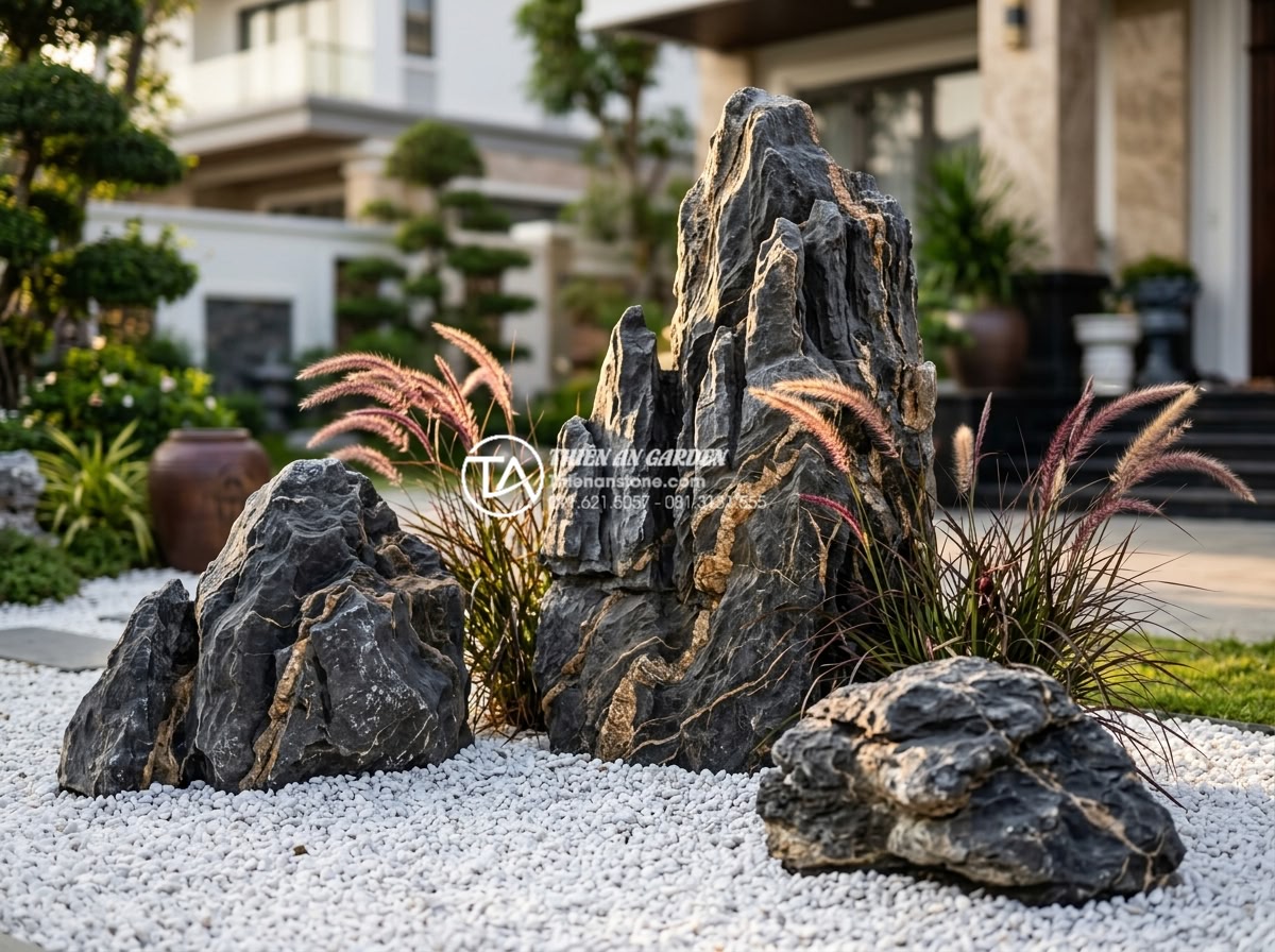 Đá Trầm Tích - Three sedimentary rocks arranged in asymmetric triangle composition in a luxury 