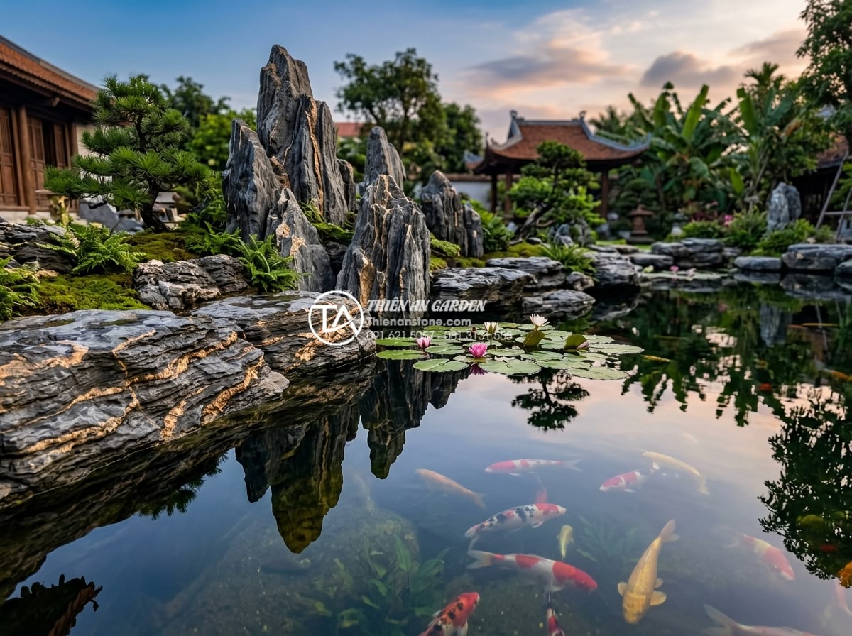 Đá Trầm Tích - Sedimentary rocks with thin layered strata along the edge of a still koi pond, p