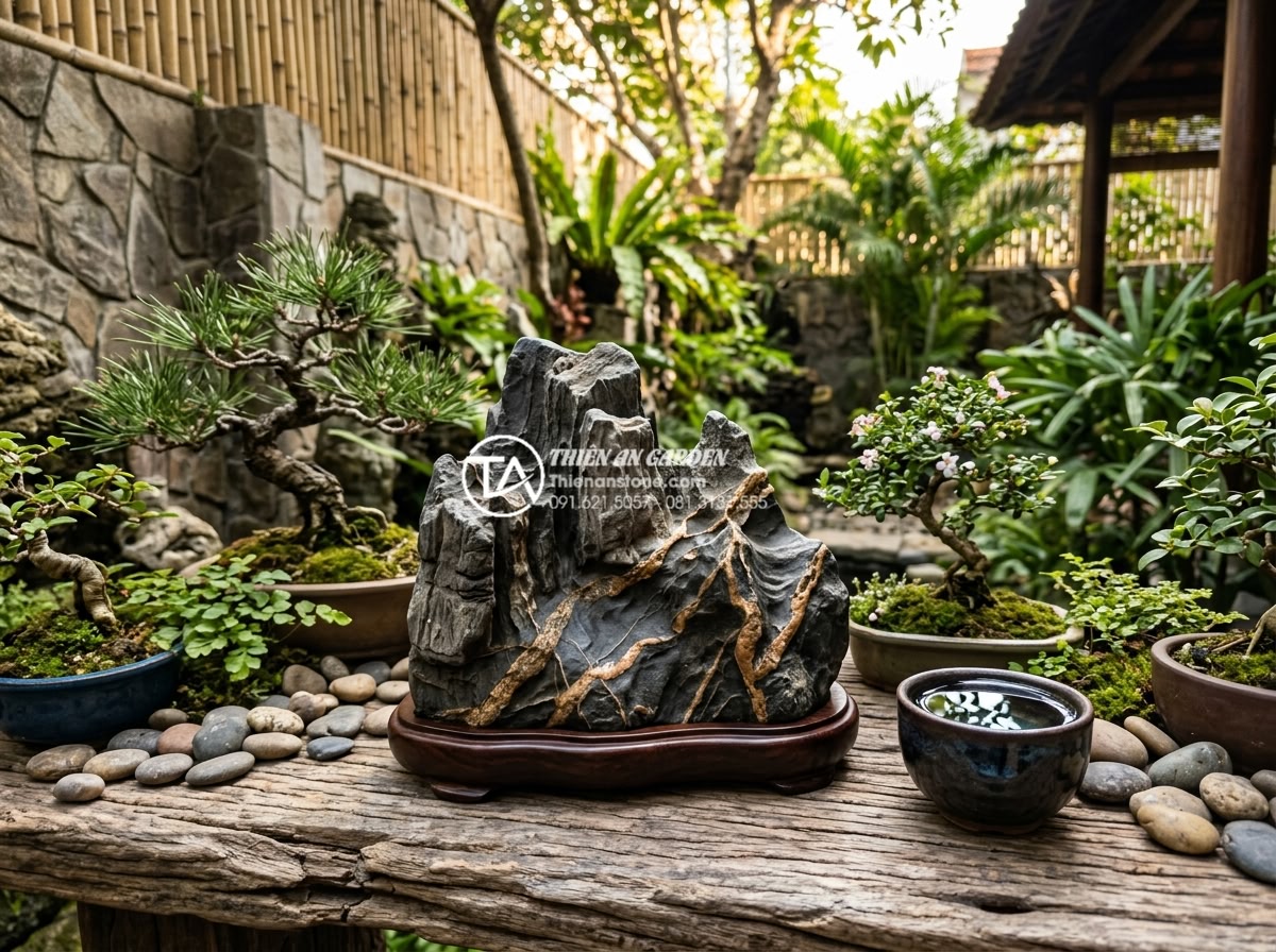 Đá Trầm Tích - Small sedimentary rock specimen displayed on a driftwood table as suiseki art, s