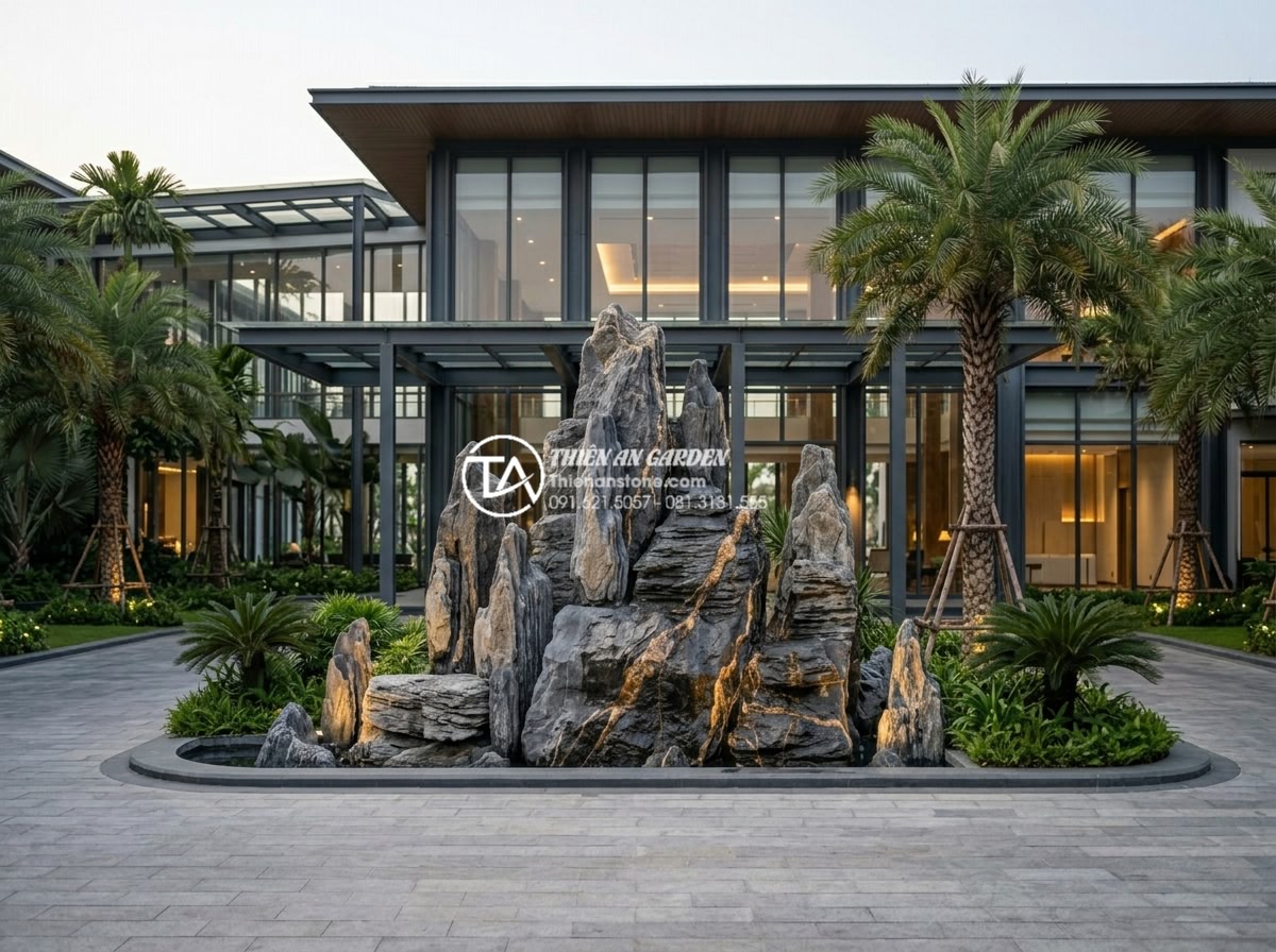 Đá Trầm Tích - Large sedimentary rock installation at luxury resort entrance, modern architectu