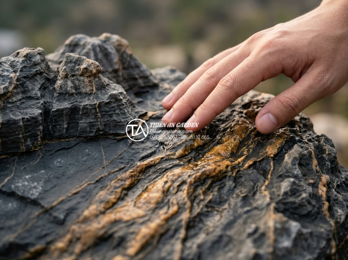 Đá Trầm Tích - Human hand gently touching the layered surface of sedimentary rock, feeling the 