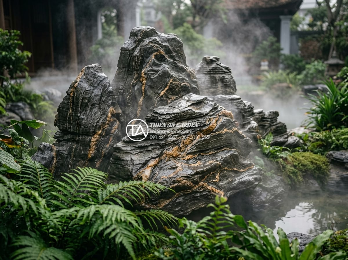 Đá Trầm Tích - Sedimentary rock with mist sprinkler system creating ethereal fog effect around 