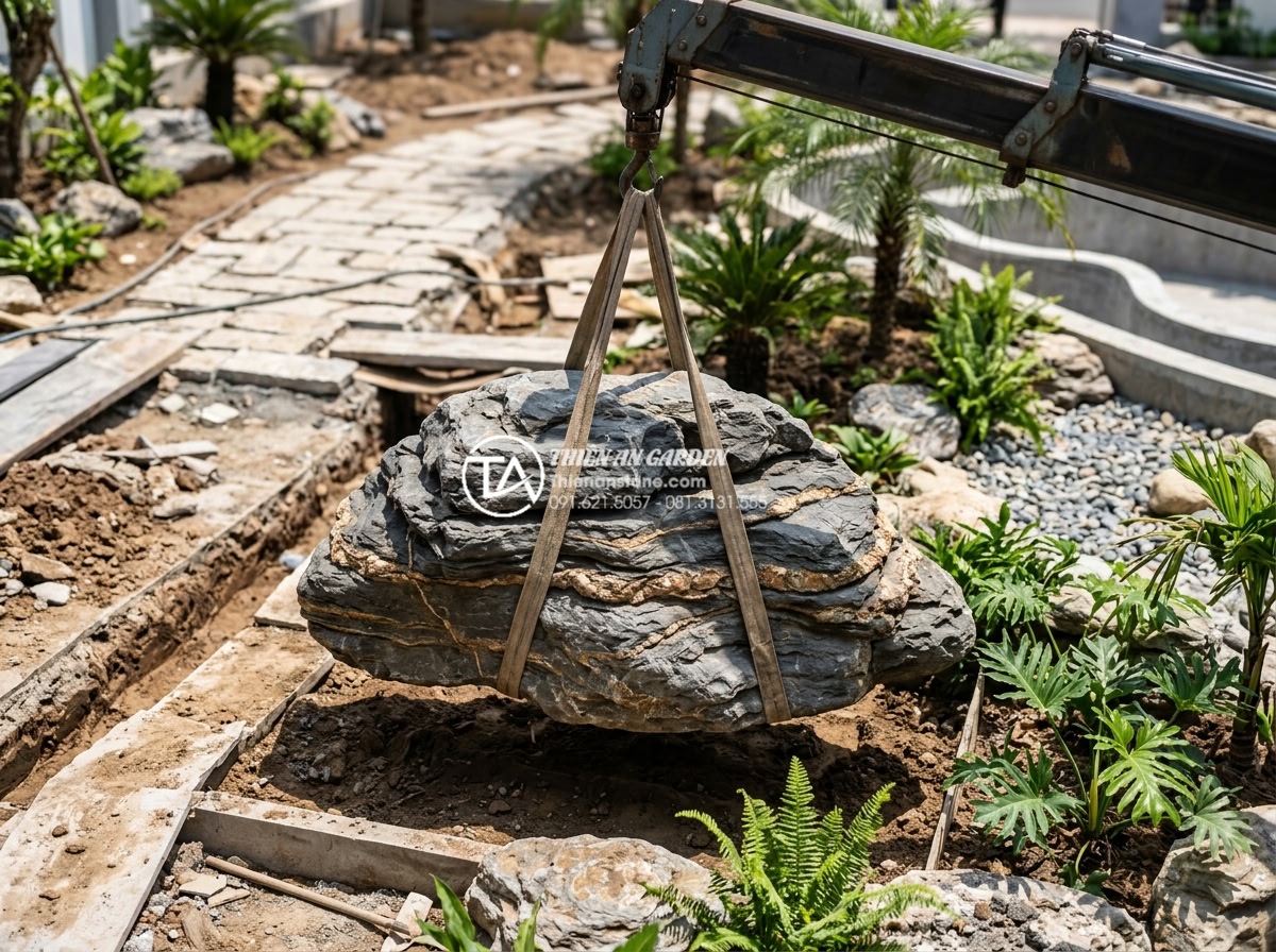 Đá Trầm Tích - Landscape designer carefully positioning a sedimentary rock with natural horizon
