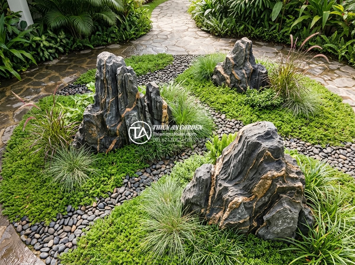 Đá Trầm Tích - Three sedimentary rocks of different sizes arranged with careful spacing in a ga