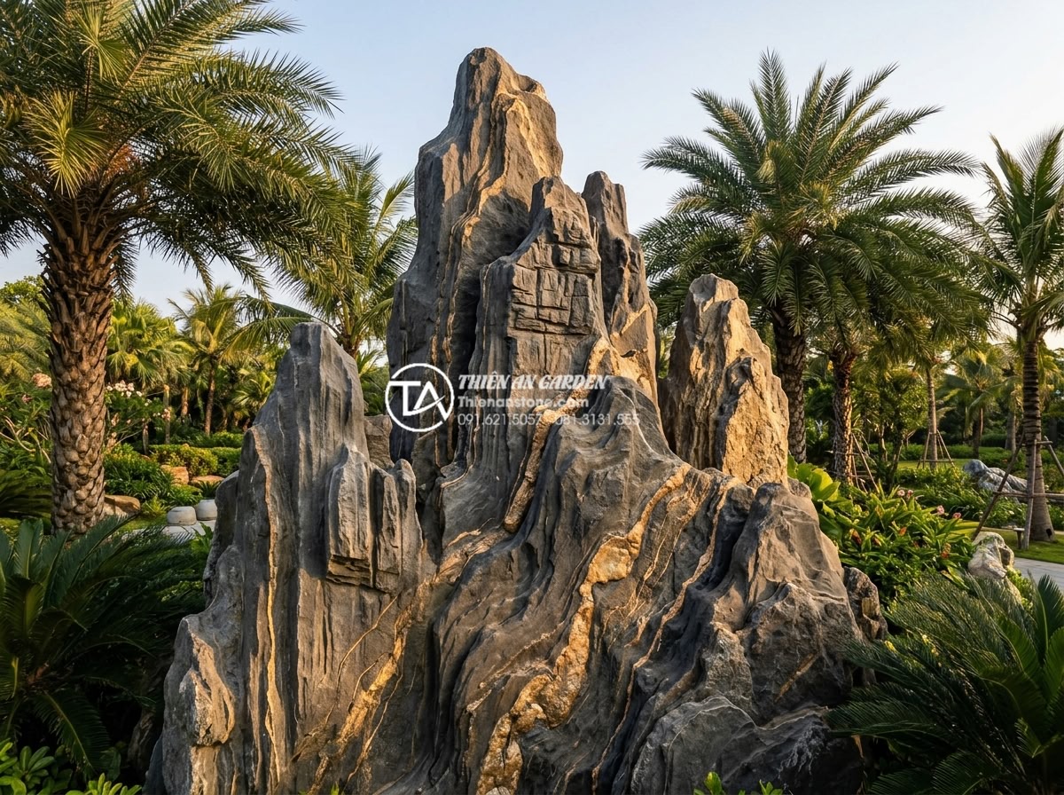 Đá Trầm Tích - Large sedimentary rock formation taller than a person installed in resort garden