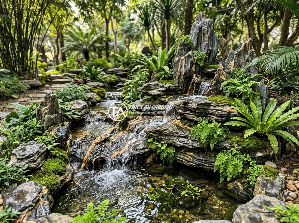 Đá Trầm Tích - Artificial stream flowing over and around layered sedimentary rocks in a garden,